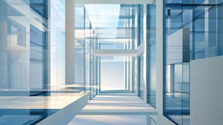 A stunning view of a modern architectural hallway featuring extensive glass walls. The bright light and clean lines create a spacious, contemporary atmosphere.の素材