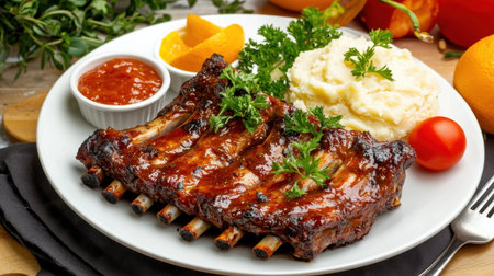 Enjoy a delicious plate of barbecue ribs served with creamy mashed potatoes and fresh tomato sauce. Perfect for a hearty meal any time of the day!の素材