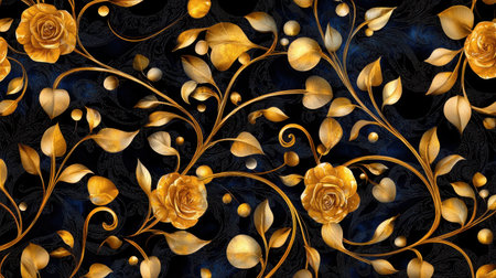 This elegant golden floral pattern features rich roses and leaves on a dark background, perfect for creative projects, textile designs, or wallpapers.の素材
