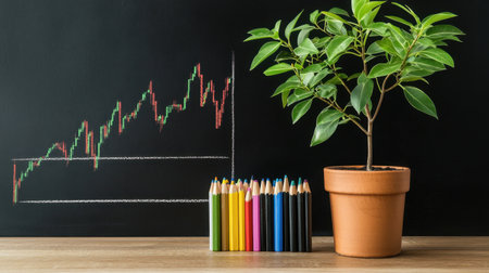 A potted plant beside colorful pencils and a growth chart on a black backdrop signifies growth and creativity in finance and business environments.の素材