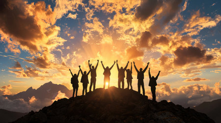 A vibrant sunset silhouette of a group of friends celebrating atop a mountain, embodying joy, unity, and adventure against a stunning sky backdrop.の素材