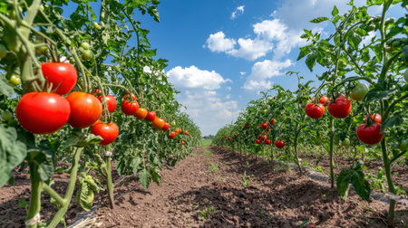Lush rows of vibrant red tomatoes ripen in a sunlit agricultural field, highlighting the beauty of rural farming and fresh produce in a healthy environment.の素材