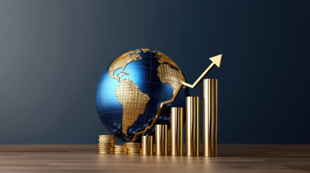 This stock image illustrates global financial growth with a globe and ascending bar chart, symbolizing investment success and economic progress in a modern business context.の素材