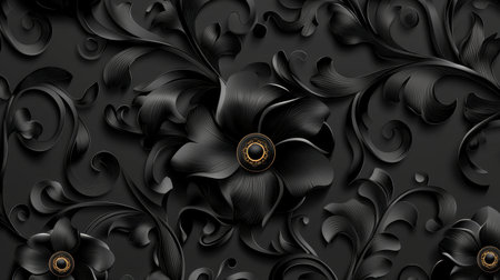 An elegant black floral design featuring intricate swirls and detailed blooms, perfect for enhancing digital projects, background settings, or creative prints.の素材
