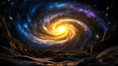 Explore the mesmerizing beauty of a cosmic spiral galaxy with a brilliant center shining through a dark, starry background, showcasing the wonders of the universe.の素材