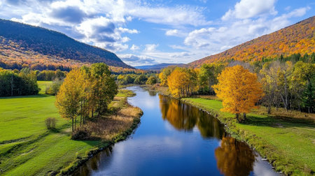 A breathtaking view of a river meandering through a vibrant autumn landscape, showcasing colorful foliage and a serene natural setting under a clear blue sky.の素材