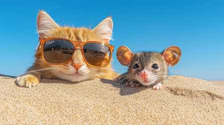 A cheerful cat wearing sunglasses lounges on the beach beside an adorable mouse. The sandy backdrop and clear blue sky enhance the playful summer vibe, ideal for animal lovers.の素材