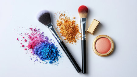A captivating arrangement of makeup brushes with vibrant powders and blush on a clean white background, showcasing beauty tools in a stylish and artistic way.の素材