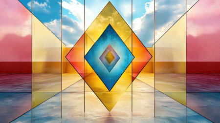 A stunning abstract geometric design featuring colorful panels against a dramatic sky. The vibrant colors and unique shapes create a harmonious visual experience.の素材