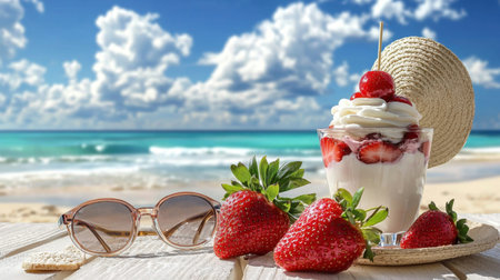 A delightful scene featuring a strawberry dessert on a sunny beach table, accompanied by sunglasses and fresh strawberries. Perfect for summer vibes!の素材