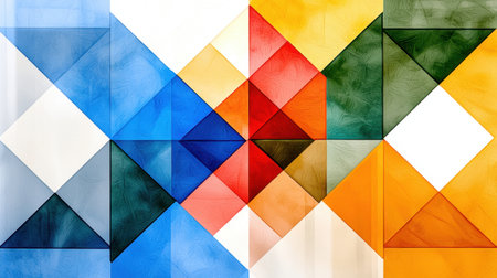 A vibrant geometric abstract pattern featuring colorful triangles and shapes. The design showcases a harmonious blend of colors, creating a dynamic visual experience. Perfect for artistic projects and modern decor.の素材