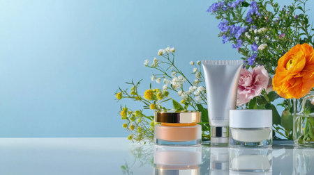 Discover a serene still life arrangement featuring skincare products accompanied by fresh flowers, showcasing beauty and wellness in a harmonious setting.の素材