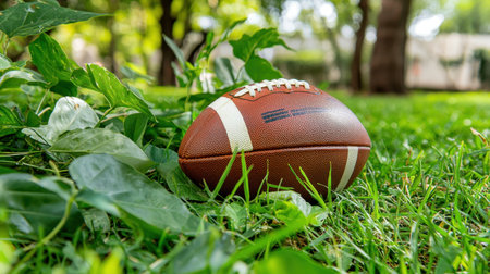 A brown football rests on a lush green lawn, surrounded by fresh green leaves. This vibrant outdoor scene captures the essence of sport, nature, and leisure.の素材