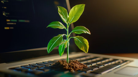 This image depicts a vibrant plant growing from a laptop keyboard, symbolizing harmony between nature and technology, and showcasing themes of growth and sustainability.の素材