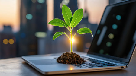 A laptop rests on a table with a vibrant plant emerging from the keyboard, symbolizing the blend of technology and nature, highlighting innovation and sustainability.の素材