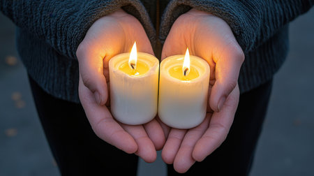 A person gently holds two lit candles, radiating warmth and serenity. The soft glow creates a peaceful atmosphere, inviting reflection and tranquility.の素材