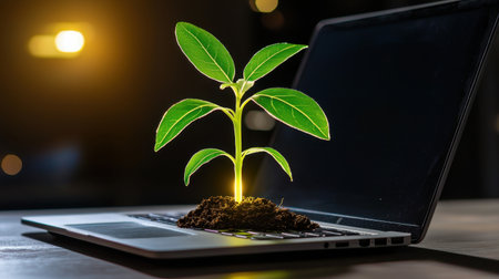 A vibrant plant emerges from a laptop, showcasing the fusion of technology and nature. This imagery symbolizes growth and innovation in a modern workspace.の素材