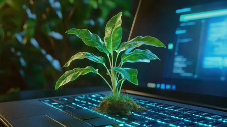 A vibrant green plant emerges from a laptop keyboard, symbolizing the harmony between nature and technology. This image captures the essence of innovation and sustainability in a modern workspace.の素材