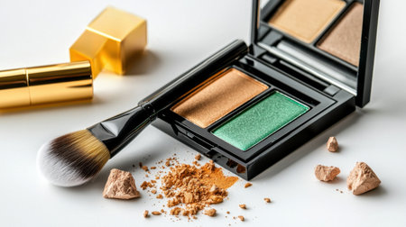A stylish makeup palette featuring vibrant green and bronze shades alongside a brush and loose powder, perfect for creating stunning beauty looks and enhancing artistry.の素材