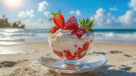 A delightful dessert featuring fresh strawberries and cream, set against a stunning tropical beach backdrop. Enjoy the vibrant colors and relaxing atmosphere.の素材