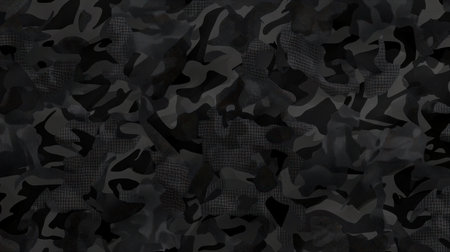 Discover a dark abstract camouflage pattern featuring subtle textures and shapes, ideal for stylish designs, digital artwork, or modern textiles.の素材
