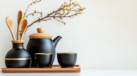 This serene arrangement features a black teapot with wooden utensils and delicate branches, creating a harmonious blend of elegance and simplicity in home decor.の素材