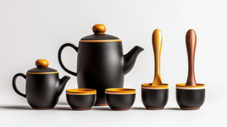 This striking image features a modern black teapot and tea set with stylish wooden accents, perfect for enhancing home decor and inviting tea experiences.の素材