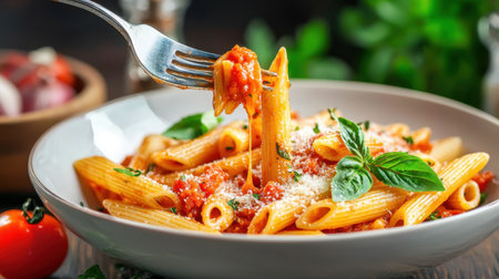 A mouthwatering plate of penne pasta topped with rich tomato sauce and fresh basil. Perfect for showcasing Italian cuisine in a gourmet setting.の素材