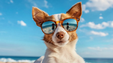 A charming dog wearing stylish sunglasses poses against a beautiful beach backdrop, capturing the essence of summer fun and relaxation by the ocean.の素材