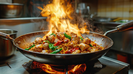 A dynamic scene showcasing a pan of chicken and vegetables being cooked over an intense flame in a busy restaurant kitchen, highlighting culinary skills and vibrant colors.の素材