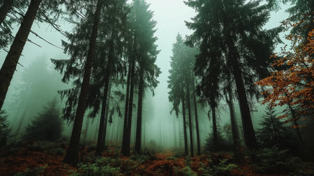 Envelop yourself in a serene misty forest setting with tall pine trees surrounded by fog. This tranquil landscape evokes a sense of mystery and calm.の素材