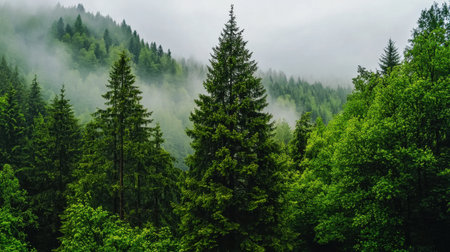 Explore the serene beauty of a lush green forest enveloped in mist and fog, showcasing the tranquil atmosphere of nature in a breathtaking mountain landscape.の素材