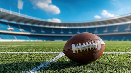 A detailed close-up of an American football resting on the grass in a stadium, showcasing a bright blue sky. Perfect for sports-themed projects.の素材