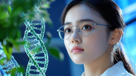 A young woman in glasses looks thoughtfully at a DNA structure while surrounded by greenery, symbolizing the intersection of technology and nature in scientific exploration.の素材