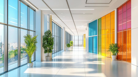 A spacious modern office corridor featuring colorful glass windows and indoor plants. Natural light floods the area, creating a vibrant and inviting atmosphere.の素材