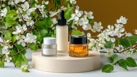 A serene display of natural skin care products on a wooden pedestal, surrounded by delicate white flowers, showcasing beauty and wellness in harmony with nature.の素材