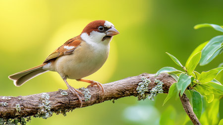 A colorful bird sits gracefully on a branch surrounded by lush greenery. The soft focus background enhances its vibrant plumage, creating a tranquil scene.の素材