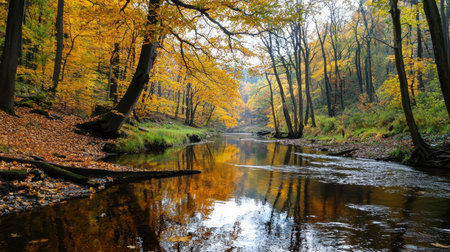 A stunning autumn scene featuring a calm river reflecting vibrant orange and yellow foliage. Perfect for capturing the beauty of nature in a serene environment.の素材