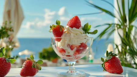 Enjoy a delightful strawberry dessert with fresh cream in a glass, set against a stunning ocean view. Perfect for summer relaxation and indulgence.の素材