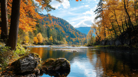 A stunning autumn river landscape showcasing vibrant foliage, clear water, and a serene atmosphere. Perfect for nature lovers and outdoor enthusiasts.の素材