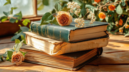 A serene arrangement of vintage books adorned with dried flowers resting on a rustic wooden table, creating a cozy and nostalgic atmosphere perfect for literature lovers.の素材