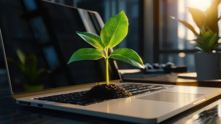 A vibrant green plant emerges from a laptop keyboard, symbolizing growth and innovation in a modern workspace. The scene reflects a blend of technology and nature.の素材