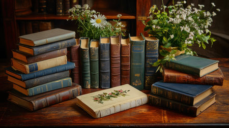 A charming arrangement of vintage books and fresh flowers on a wooden table. This cozy library scene exudes warmth and nostalgia, perfect for book lovers.の素材