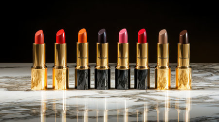A stunning collection of vibrant lipsticks arranged on a sleek marble surface, showcasing bold colors in elegant packaging. Perfect for beauty enthusiasts.の素材