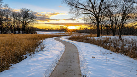 A peaceful winter landscape features a winding pathway covered in snow, leading towards a vibrant sunset. The scene captures the beauty of nature during golden hour.の素材