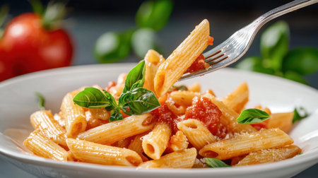 Tempting pasta dish elegantly presented with fresh basil and rich tomato sauce. Perfect for food lovers seeking flavorful Italian cuisine. Enjoy a gourmet experience!の素材