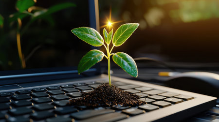 A small green plant sprouting from a laptop keyboard represents the harmony between nature and technology, symbolizing growth, innovation, and sustainability in modern workspaces.の素材