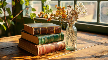 A serene composition of vintage books stacked on a wooden table with dried flowers in a glass jar, beautifully illuminated by natural sunlight. Ideal for a cozy atmosphere.の素材