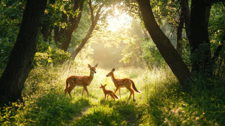 A serene scene showcasing a deer family in a lush forest during golden hour, with soft sunlight filtering through trees, creating a magical atmosphere.の素材