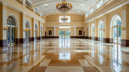 A stunning interior of a spacious hall featuring a grand chandelier and glossy marble flooring. The bright ambiance and elegant decor create a perfect venue for various events.の素材
